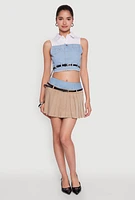 Womens Chic Denim Waistband Pleated Mini Skirt with Belt, Khaki, Size M