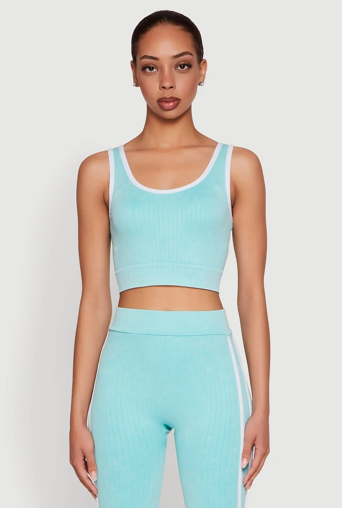 Womens Mineral Wash Contrast Trim V Neck Cropped Tank Top, Blue, Size S-M