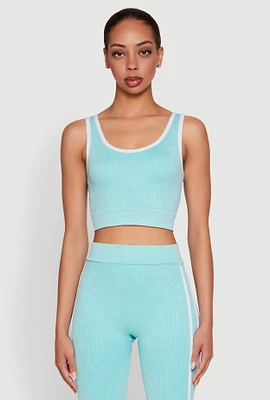 Womens Mineral Wash Contrast Trim V Neck Cropped Tank Top, Blue, Size S-M