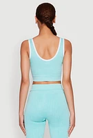 Womens Mineral Wash Contrast Trim V Neck Cropped Tank Top, Blue, Size S-M