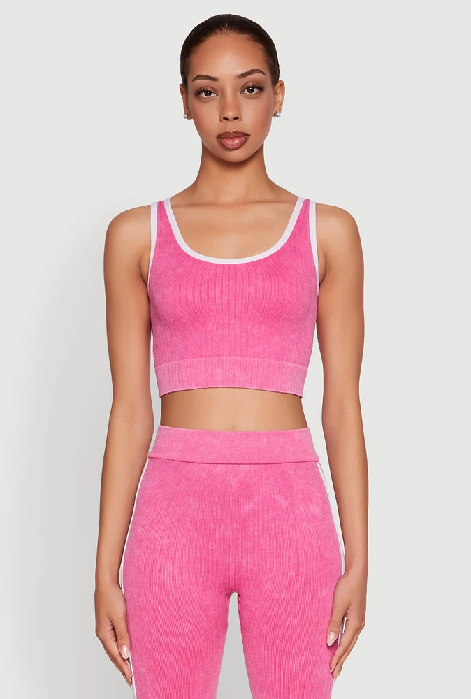 Womens Mineral Wash Contrast Trim V Neck Cropped Tank Top, Pink, Size S-M