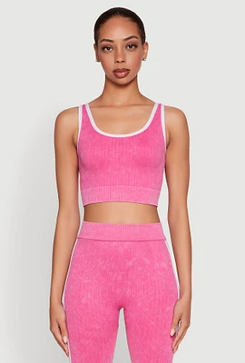 Womens Mineral Wash Contrast Trim V Neck Cropped Tank Top, Pink, Size S-M
