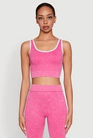 Womens Mineral Wash Contrast Trim V Neck Cropped Tank Top, Pink, Size S-M