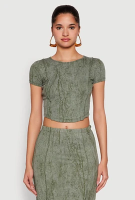Womens Ribbed Knit Mineral Wash Cropped Tee, Green, Size L