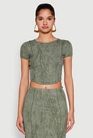 Womens Ribbed Knit Mineral Wash Cropped Tee, Green, Size L