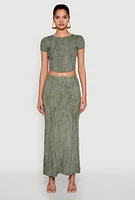 Womens Ribbed Knit Mineral Wash Cropped Tee, Green, Size L