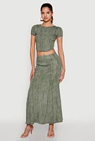 Womens Ribbed Knit Mineral Wash Cropped Tee, Green, Size L