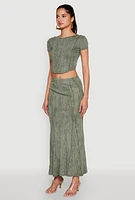 Womens Ribbed Knit Mineral Wash Cropped Tee, Green, Size L
