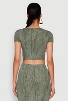 Womens Ribbed Knit Mineral Wash Cropped Tee, Green, Size L