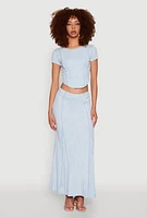 Womens Ribbed Knit Mineral Wash Cropped Tee, Blue, Size S