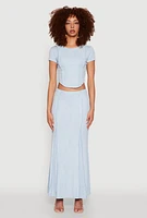 Womens Ribbed Knit Mineral Wash Cropped Tee, Blue, Size S