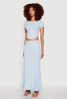 Womens Ribbed Knit Mineral Wash Cropped Tee, Blue, Size S