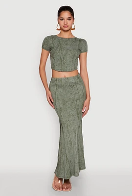 Womens Mineral Wash Pintuck Maxi Skirt, Green,