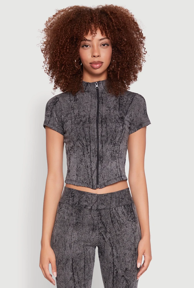 Womens Ribbed Knit Mineral Wash Zip Front Top, Grey,