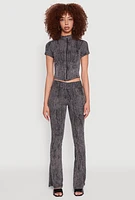 Womens Ribbed Knit Mineral Wash Zip Front Top, Grey,