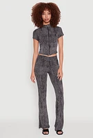 Womens Ribbed Knit Mineral Wash Zip Front Top, Grey,