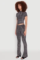 Womens Ribbed Knit Mineral Wash Zip Front Top, Grey,