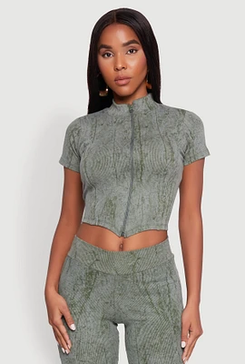 Womens Ribbed Knit Mineral Wash Zip Front Top,