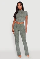 Womens Ribbed Knit Mineral Wash Zip Front Top, M