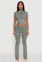 Womens Ribbed Knit Mineral Wash Zip Front Top, M