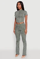 Womens Ribbed Knit Mineral Wash Zip Front Top, M