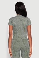 Womens Ribbed Knit Mineral Wash Zip Front Top, M