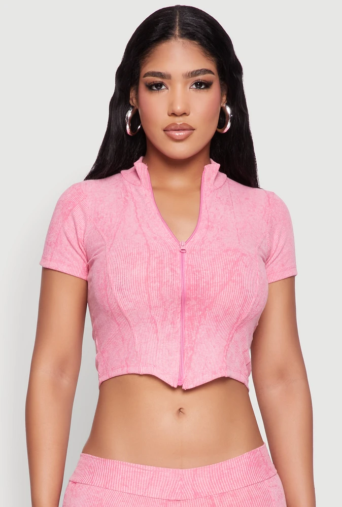 Womens Ribbed Knit Mineral Wash Zip Front Top, Pink,
