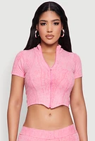 Womens Ribbed Knit Mineral Wash Zip Front Top, Pink,
