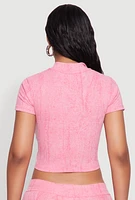 Womens Ribbed Knit Mineral Wash Zip Front Top, Pink,