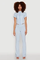 Womens Ribbed Knit Mineral Wash Zip Front Top,