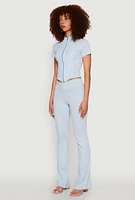 Womens Ribbed Knit Mineral Wash Zip Front Top, Blue, Size L
