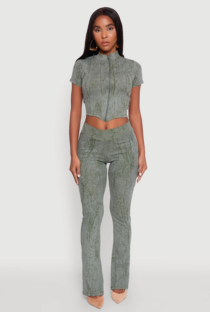 Womens Mineral Wash Pintuck Flared Pants, Green, Size M