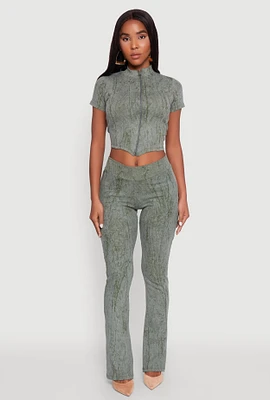 Womens Mineral Wash Pintuck Flared Pants, Green, Size M