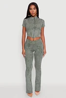 Womens Mineral Wash Pintuck Flared Pants, Green,