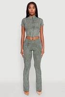 Womens Mineral Wash Pintuck Flared Pants, Green,