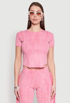 Womens Mineral Wash Pintuck Short Sleeve Top, Pink, Size M