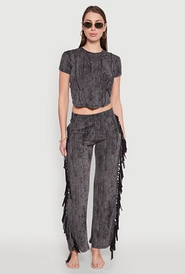Womens Mineral Wash Rib Knit Fringe Pants, Grey,