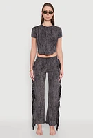 Womens Mineral Wash Rib Knit Fringe Pants, Grey,