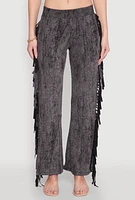Womens Mineral Wash Rib Knit Fringe Pants, Grey,