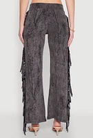 Womens Mineral Wash Rib Knit Fringe Pants, Grey,