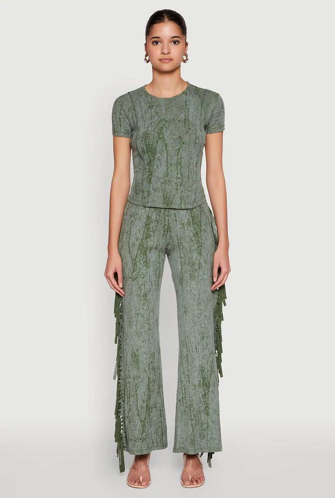 Womens Mineral Wash Rib Knit Fringe Pants, Green, Size S