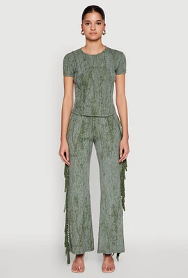 Womens Mineral Wash Rib Knit Fringe Pants, Green, Size S