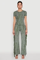 Womens Mineral Wash Rib Knit Fringe Pants, Green, Size S