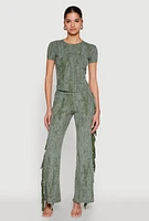Womens Mineral Wash Rib Knit Fringe Pants, Green, Size S