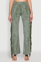 Womens Mineral Wash Rib Knit Fringe Pants, Green, Size S