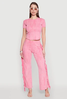 Womens Mineral Wash Rib Knit Fringe Pants, Pink, Size L