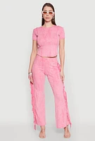 Womens Mineral Wash Rib Knit Fringe Pants, Pink, Size L