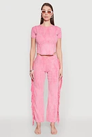 Womens Mineral Wash Rib Knit Fringe Pants, Pink, Size L