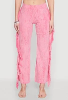 Womens Mineral Wash Rib Knit Fringe Pants, Pink, Size L