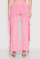 Womens Mineral Wash Rib Knit Fringe Pants, Pink, Size L